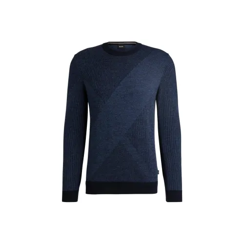 Hugo Boss Новая шерсть Свитер с двухтонным узором жаккард свитер мужской темно-синий