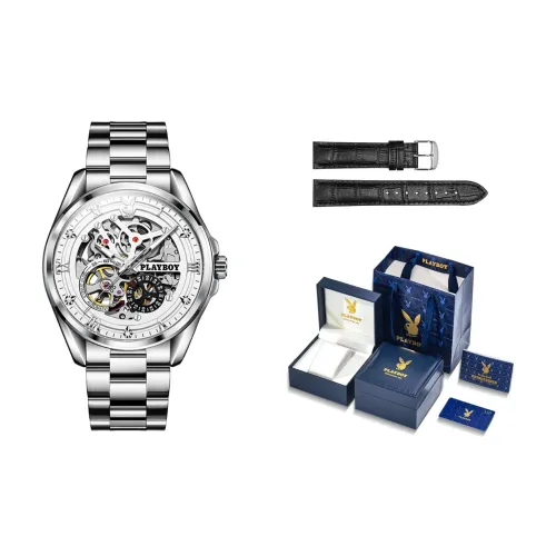 Playboy Explorer Collection Механическое устройство Кожаный ремешок Часы Мужские Белый циферблат