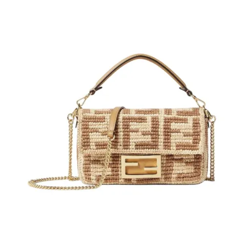 FENDI Baguette Ткани вязаные Рафия с Телячья кожа Багетная сумка Сумка на одно плечо Маленькая Женская Экрю