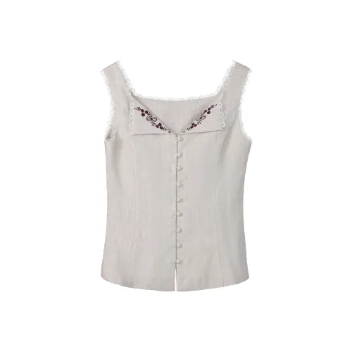 Fstudio Весенний Летний Корейский стиль Маленький Дизайн Отложной воротник Вышивка Без рукавов Майка Женская Абрикосовый