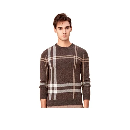 DIKENI Кашемир Свитер Мужской Кофейный Смесь Клетка