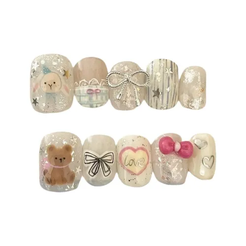 Gentle Welcome Лето Sweetheart Сияющий Hand Разрисованный False Nail Короткий Круглый Белый Размазанный Милый