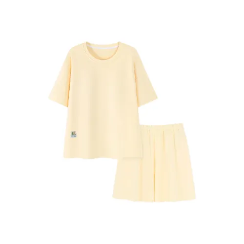 Городская красота Pajama Комплект Fashion Minimalist Style Удобный Дружественный к коже Женский Двухкомпонентный Набор Светло-желтый