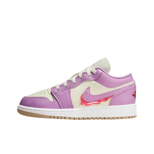 Jordan Air Jordan 1 Противоскользящий Устойчивый к истиранию Низкий Топ Детские Баскетбольные Кроссовки Белый Фиолетовый Подростки