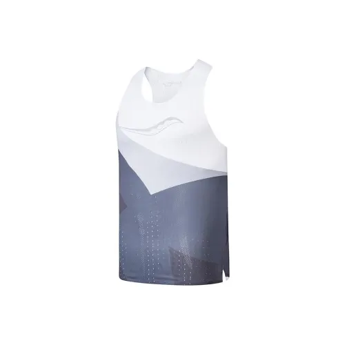 Saucony SS24 Бег Майка Мужская Белая с Черной и Серой Колорблок Надпись Комбо