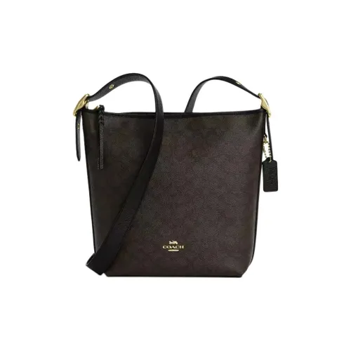 COACH Покрытие Холст с Кожаной Галечником Сумка через плечо Сумка на плечо Средняя Женская Цвет Ореховый и Черный