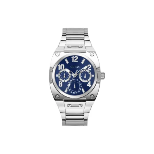 GUESS Мужские часы Кварцевый механизм Ремешок из нержавеющей стали 43 мм Синий циферблат