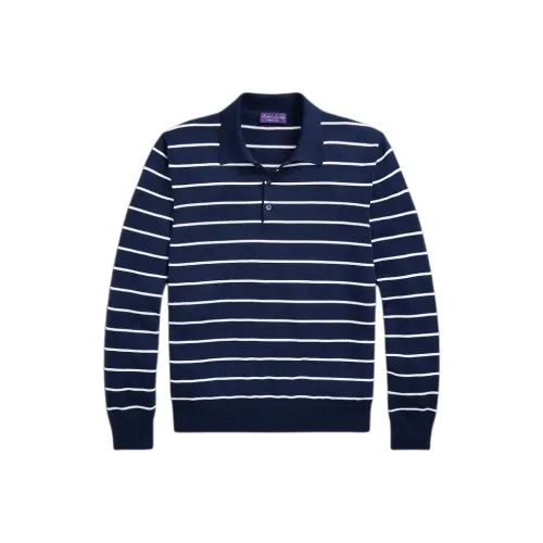 Ralph Lauren Purple Label Полосатый хлопок Поло Воротник Свитер Мужской Морской синий