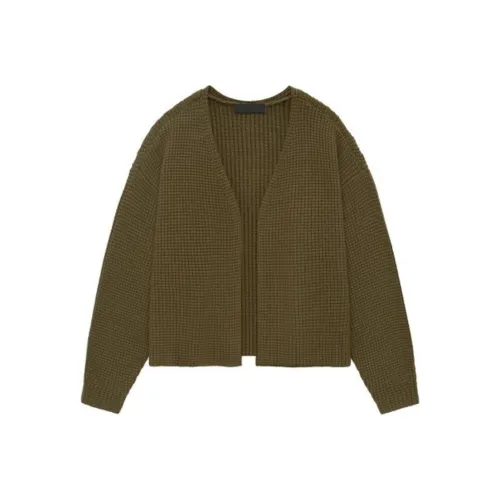 Fear Of God Essentials Тяжелый вафельный кардиган Трикотаж Мужской Бледный Сосновый зеленый Военный стиль