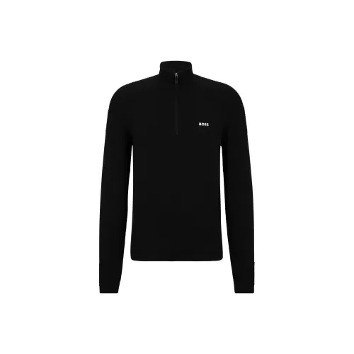 Hugo Boss Свитер из смеси хлопка с застежкой-молнией на шее с логотипом детали свитер мужской черный