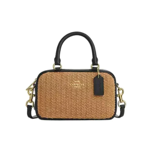 COACH SATCHEL Солома с кожаными вставками одно плечо маленькая сумка женский коричневый и черный