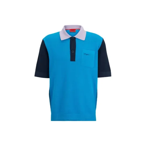 Hugo Boss FW23 Короткий Свитер с Короткими Рукавами из Хлопка Пике с Ожерельем Skipper Мужской Синий