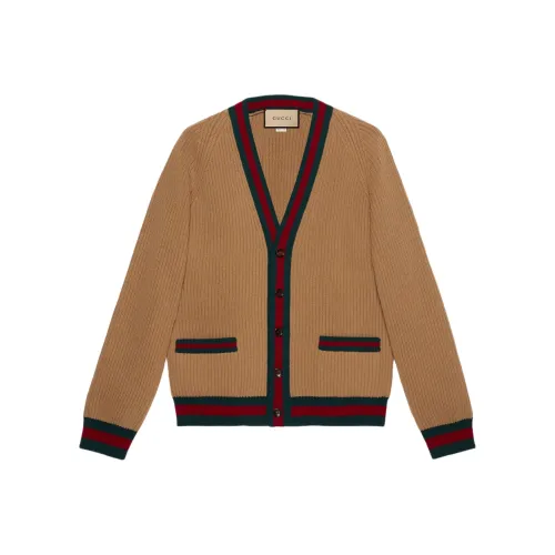 GUCCI Web Вязаная модель Шерсть Кардиган Трикотаж Мужской CAMEL