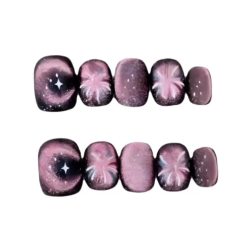 Gentle Welcome Dazzling Firework Crescent False Nail Short Purple Cat Eye