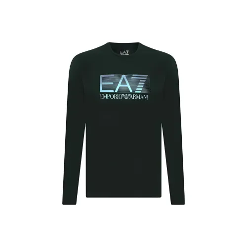 EMPORIO ARMANI EA7 С буквой "A" Круглый вырез Пуловер Длинный рукав Т-рубашка Мужская Армейский зеленый