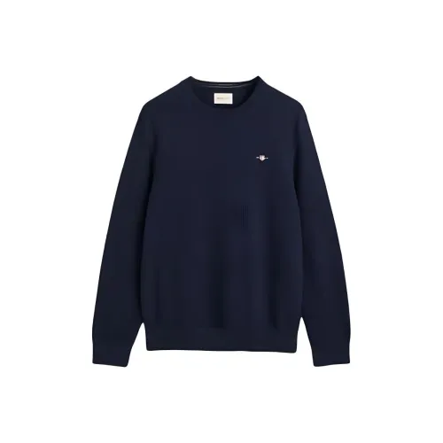 GANT Micro Textured COTTON CREW Crew-Neck Sweater Knitwear Men's Navy Blue