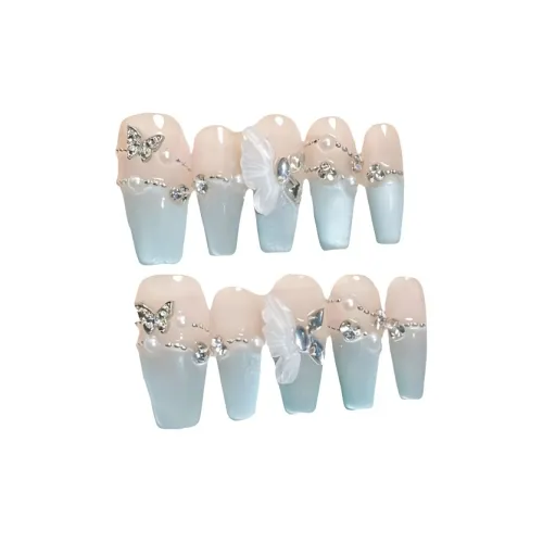 Gentle Welcome Jasmine Butterfly Handcrafted Premium Feel False Nail Trapezoidal MID Длина Cyan Smudge Кошачий глаз