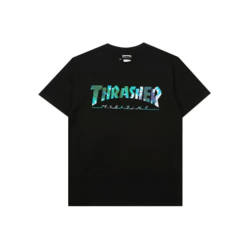 Thrasher Круглый вырез Свободный крой Прямой крой Короткий рукав Т-рубашка Японская версия Унисекс Черный
