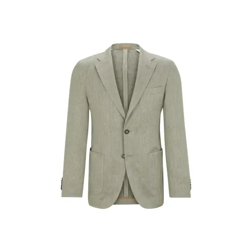 Hugo Boss SS24 Slim Fit Куртка в узоре "елочка" из льна и шелка бизнес-костюм для мужчин светло-зеленый