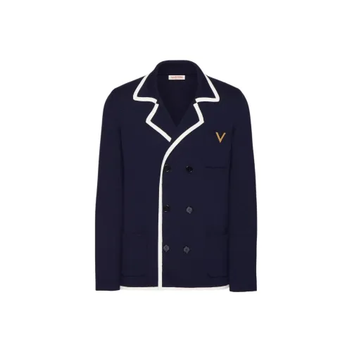 Valentino Двойная грудка шерстяная куртка с металлическими деталями V деловой костюм мужской морской синий слоновая кожа