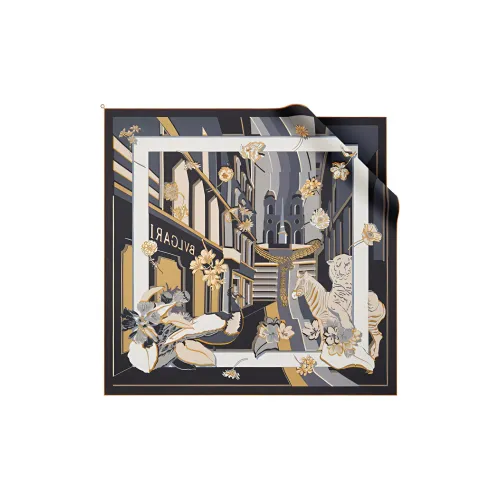 BVLGARI Heritage Платок Тонкая Шелковая Саржа Черного Цвета С Принтом, Вставки Из Золотой Фольги