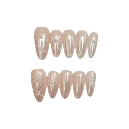 Gentle Welcome Aurora Gradient Handcrafted False Nail Oval Nude Smudge Bowknot