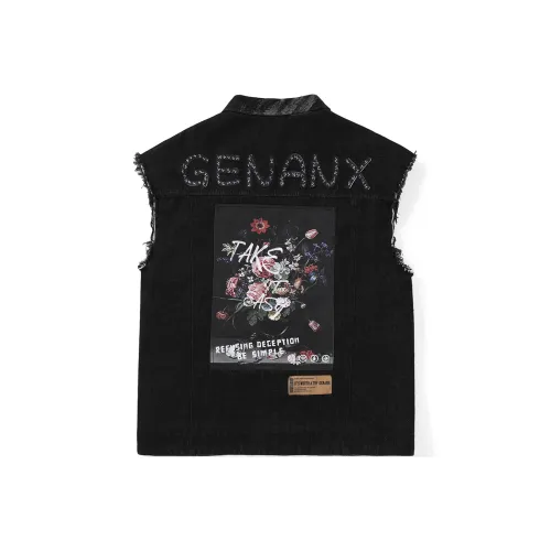 GENANX Отложной воротник Свободный крой Жилет Унисекс Черный Серый