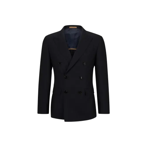 Hugo Boss Двойная застежка облегающий крой куртка из структурированной шерсти бизнес-костюм для мужчин темно-синий