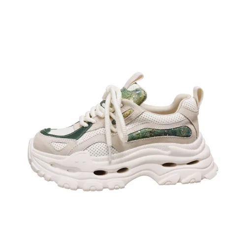Forest Princess Дышащий Низкий Топ Кроссовки с Толстой Подошвой Женские Экрю и Зеленый