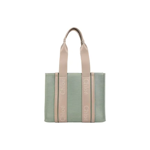 Chloe Woody Linen Canvas Shiny Calfskin Tote Bag Shopping Bag Medium Women's Light Green Члои Вуди Лен Холст Блестящий Телячья Кожа Тоут Сумка Сумка Холст Сумка Средний Женский Светло-Зеленый