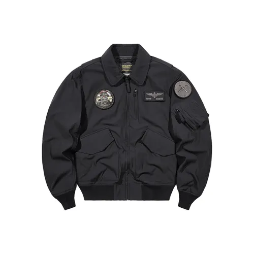 VIP Наклеенный Вышивка Значок Рабочий стиль Отложной воротник Пальто Пилот Куртка Унисекс Черный