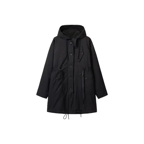 RICKYOUNG Однотонный С капюшоном Утолщенный MID Длина Пуховая куртка Унисекс Черный