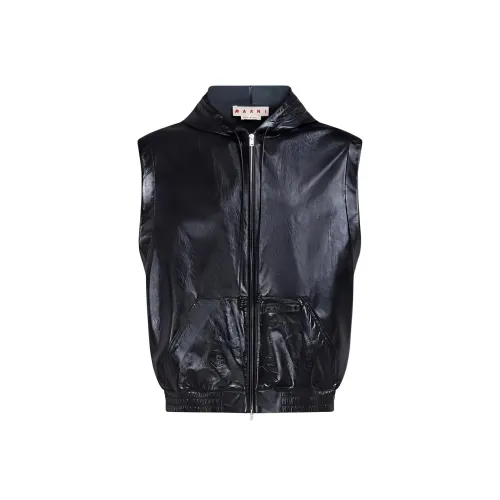 MARNI Черный ULTRALIGHT Naplak Кожаный Жилет с капюшоном Жилет Мужской Черный