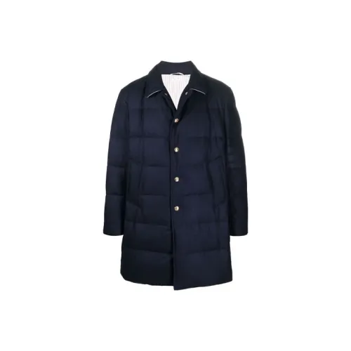 THOM BROWNE Однотонный Отложной воротник Свободный крой Хлопковый пуховик Мужской Синий