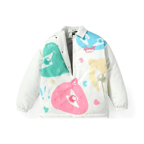 GENANX Мультяшный Отложной воротник Свободный крой Пуховая куртка Унисекс Молочно-белый