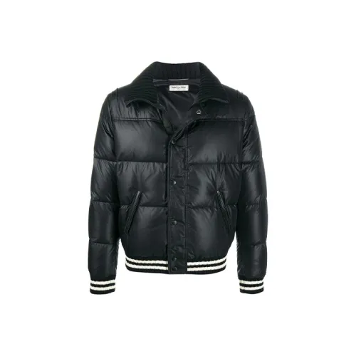 SAINT LAURENT Однотонный Полосы Воротник-стойка Короткий Пуховик Мужской Черный