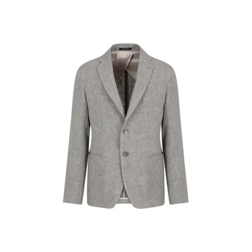 EMPORIO ARMANI Одинарная Куртка из Выцветшей Льняной Ткани с Текстурой Crepe Бизнес-Костюм Мужской Серый