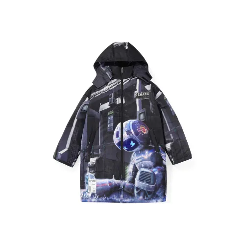 GENANX Мультяшный Съемный капюшон Свободный крой MID Длина Пуховая куртка Унисекс Черный Синий