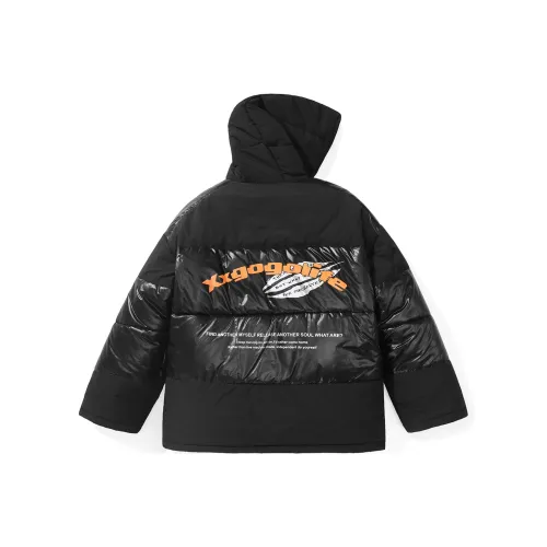 XXGOGO Однотонный Блестящий С капюшоном Свободный крой Хлопковый пуховик Унисекс Черный