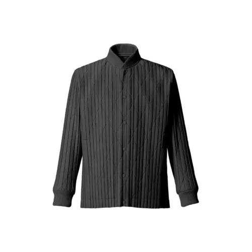 Homme Plissé Issey Miyake Однотонный Бейсбольный воротник Свободный крой Хлопковый пуховик Мужской Черный