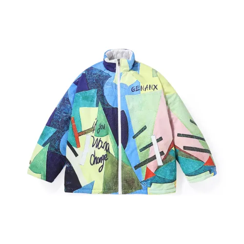 GENANX Letter Colorblock Воротник-стойка Loose Fit Пуховая куртка Унисекс Синий Зеленый
