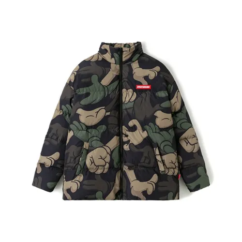 SPRAYGROUND Мультяшный Воротник-стойка Свободный крой Утолщенный пуховик Унисекс Армейский зеленый