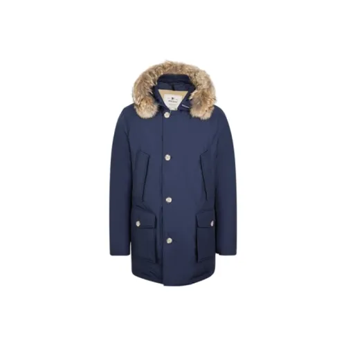 WOOLRICH Однотонный с капюшоном средний пуховик мужской синий
