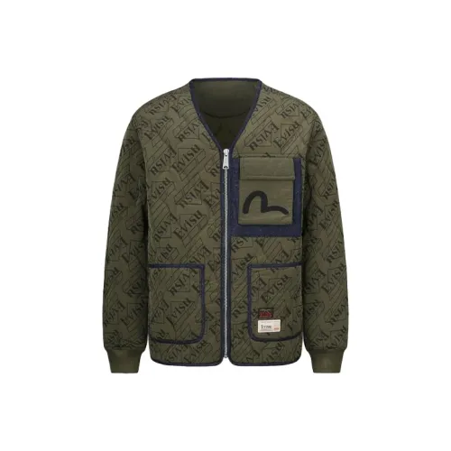 EVISU Без воротника Облегающий Длинный рукав Хлопковый пуховик Мужской Армейский зеленый