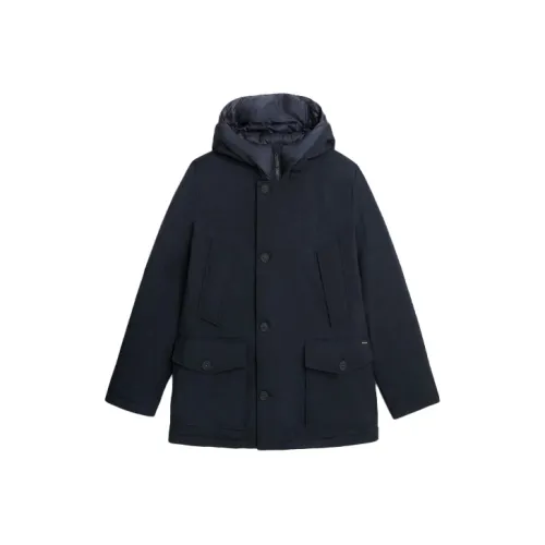 WOOLRICH Однотонный с капюшоном облегающий длина MID пуховик мужской мелтон синий
