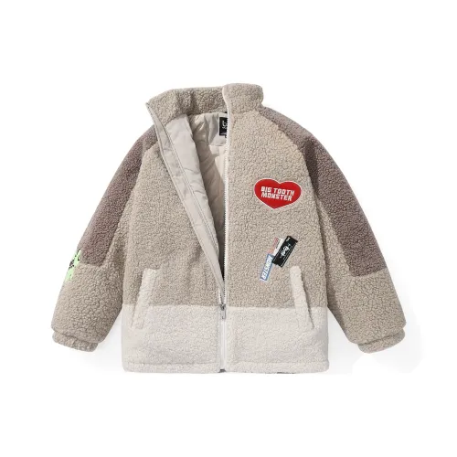 BT Буква Colorblock Геометрический узор Воротник-стойка Свободный крой Пуховая куртка Унисекс Хаки