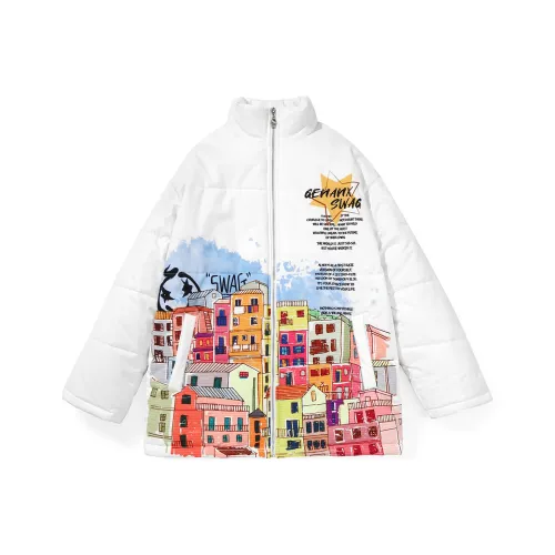 GENANX Мультяшный Буква Воротник-стойка Свободный крой Пуховая куртка Унисекс Белый