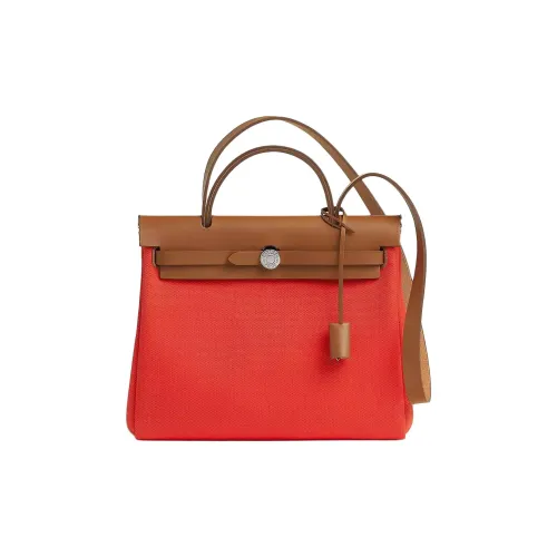 HERMES Herbag Zip Холст с Hunter Коровья кожа Одно плечо Сумка Женская Открытая страна Апельсин Светло-желтый Умбра