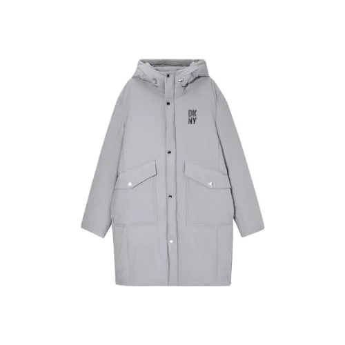 DKNY FW22 Буква Однотонный С капюшоном Утолщенный MID Длина Пуховик Мужской Светло-серый