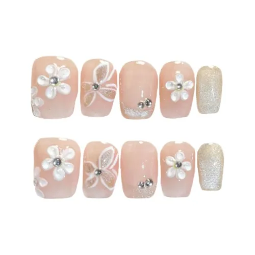 Gentle Welcome Ручной работы Бегония Цветочный дизайн Съемный False Nail Короткий Розовый Смужка Кошачий глаз